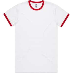 A white T-shirt with red trim around the collar and sleeves. The shirt features a label and branding.