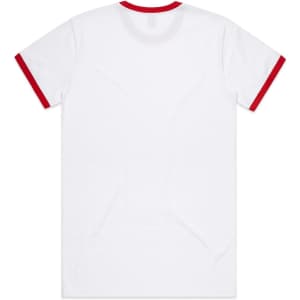A white T-shirt with red trim around the collar and sleeves, featuring a logo on the back.