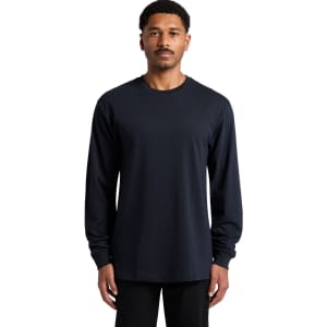 A navy blue long-sleeve t-shirt featuring a round neckline and a logo on the front.
