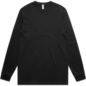 A black long-sleeve t-shirt featuring a simple design and a logo.
