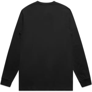 A long-sleeve black T-shirt with a plain back and fitted cuffs. It features a logo on the back neckline.