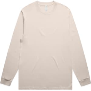 A beige long-sleeve t-shirt with a simple design and a logo, featuring a crew neck and fitted cuffs.