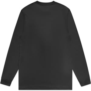 A black long-sleeve t-shirt with a simple design and a logo on the back.