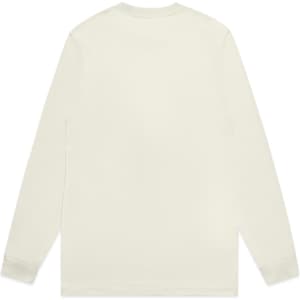 A long-sleeve tee shirt in a muted cream colour, featuring a simple design with a logo.