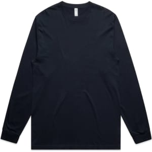 A navy blue long-sleeve t-shirt with a round neckline and a logo on the label.