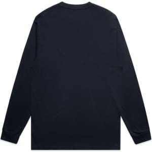 A black long-sleeve t-shirt featuring a plain back design and a brand logo.