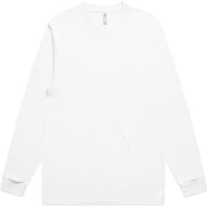 A long-sleeve white t-shirt with a round neckline, featuring a simple design and a logo.