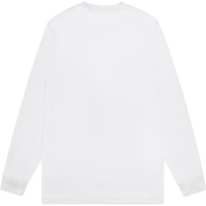 A long-sleeve white T-shirt with a simple design and a logo on the back.