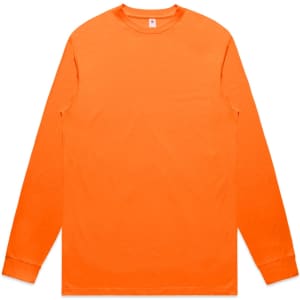 An orange long-sleeve tee shirt with a round neckline and a simple design. It features a logo on the front.