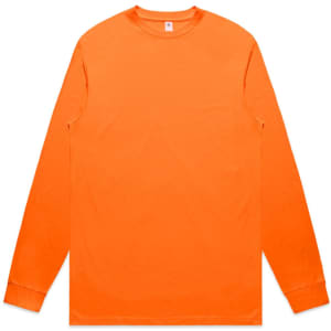 An orange long-sleeve t-shirt with a round neckline and a logo on the chest, ideal for workwear.