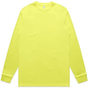 A long-sleeve t-shirt in bright yellow, featuring a simple design and cuffs at the sleeves. Includes a logo.