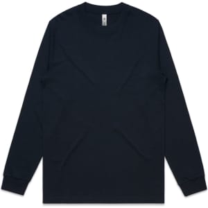 A navy long-sleeve T-shirt featuring a simple design and a logo on the tag.