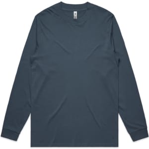A long-sleeved teal t-shirt featuring a round neckline and a logo on the label.