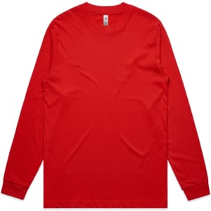 A red long-sleeve T-shirt with a round neck and fitted cuffs. It features a logo on the label.