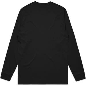 A black long-sleeve tee with a simple design and no visible branding, showing the back view.