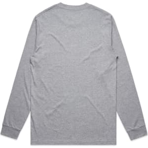 A grey long-sleeve T-shirt viewed from the back, featuring a simple design and a logo.