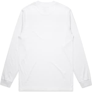 A white long-sleeve t-shirt featuring a plain back design and cuffs. It has a logo on the front.