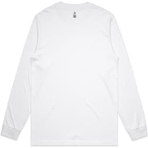 A white long-sleeve T-shirt featuring a simple design and a label, suitable for casual wear.