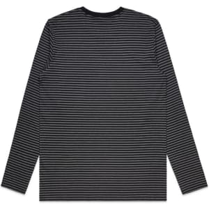 A long-sleeve T-shirt featuring black and grey stripes, with a round neckline and a logo on the back.