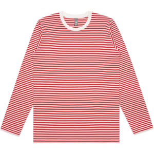 A long-sleeve T-shirt featuring red and white horizontal stripes, with a rounded neckline and a logo present.