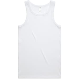 A white organic rib singlet featuring a round neckline and wide shoulder straps. The garment has a logo.