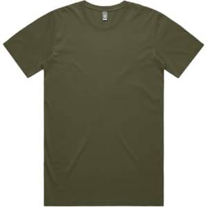 An olive green T-shirt with a classic round neck and short sleeves, featuring a logo on the side.