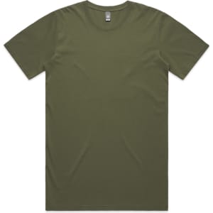 A plain olive green T-shirt with short sleeves and a tag at the neckline, featuring a logo.