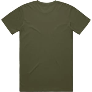 A plain olive green T-shirt with a crew neck and short sleeves, featuring a logo on the back.