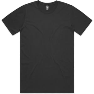 A black t-shirt with a crew neck and short sleeves, featuring a logo on the label.