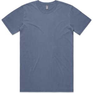 A faded blue T-shirt with short sleeves and a crew neck, featuring a logo at the neck.