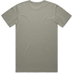 A plain faded tee in a soft green hue, featuring a simple design on the back and a small logo.
