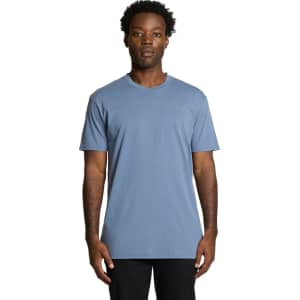 A plain blue t-shirt with short sleeves, featuring a simple design and a logo on the side.