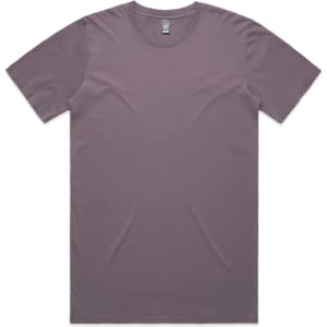 A plain, faded purple T-shirt with a crew neck and short sleeves, featuring a small logo on the label.