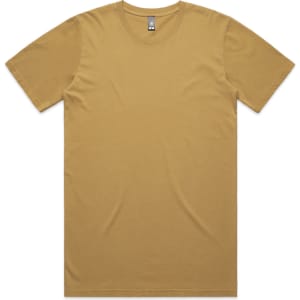 A faded mustard yellow T-shirt with short sleeves and a tag at the neckline, featuring a logo.