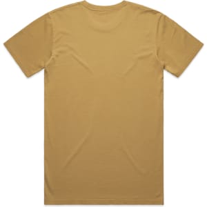 A plain, faded khaki t-shirt featuring a regular fit and short sleeves. Includes a logo on the back.