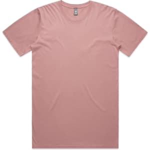 A faded pink t-shirt with short sleeves and a modest crew neck. It features a branding label.