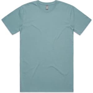A faded teal t-shirt featuring a classic crew neck design and short sleeves, with a brand logo tag.