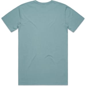 A faded teal t-shirt displayed from the back, featuring a simple design and a small logo.