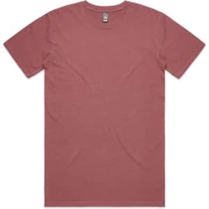 A faded tee in a dusty rose colour with short sleeves and a crew neckline. The shirt features a branding logo.