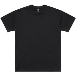 A black oversized t-shirt with a round neckline and short sleeves, featuring a logo on the label.
