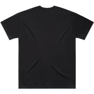 A black oversized tee featuring a simple design and a rear view. It includes a logo on the side.