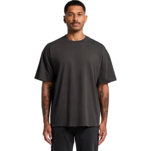 A grey oversized t-shirt with a relaxed fit, featuring short sleeves and a round neckline.