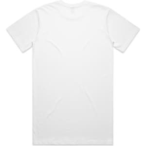 A plain white t-shirt displayed flat, featuring a standard crew neckline and short sleeves. It has a logo on the back.