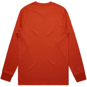 A long-sleeve t-shirt in a warm orange hue, featuring a simple design and a branding logo.