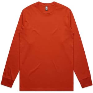 A long-sleeved t-shirt in a vibrant orange colour, featuring a label and branding.