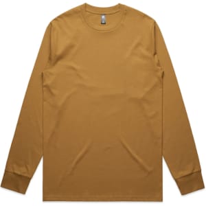A long-sleeve t-shirt in a warm brown colour, featuring a logo on the neckline.