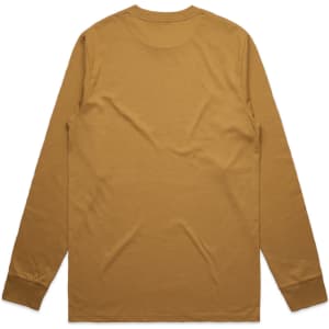 A long-sleeve tee in a warm mustard colour, featuring a simple design and a branding logo.