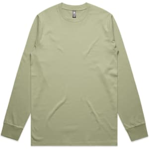 A long-sleeve t-shirt in a soft green colour, featuring a simple design and an attached logo.