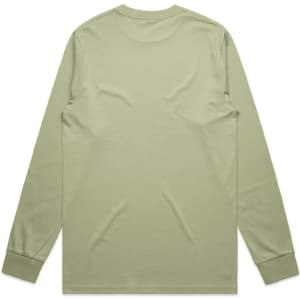A long-sleeve tee in a muted green colour, featuring a simple design and a logo on the back.