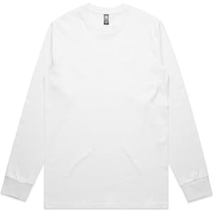 A classic long-sleeve white tee featuring a round neck and a logo at the neckline.